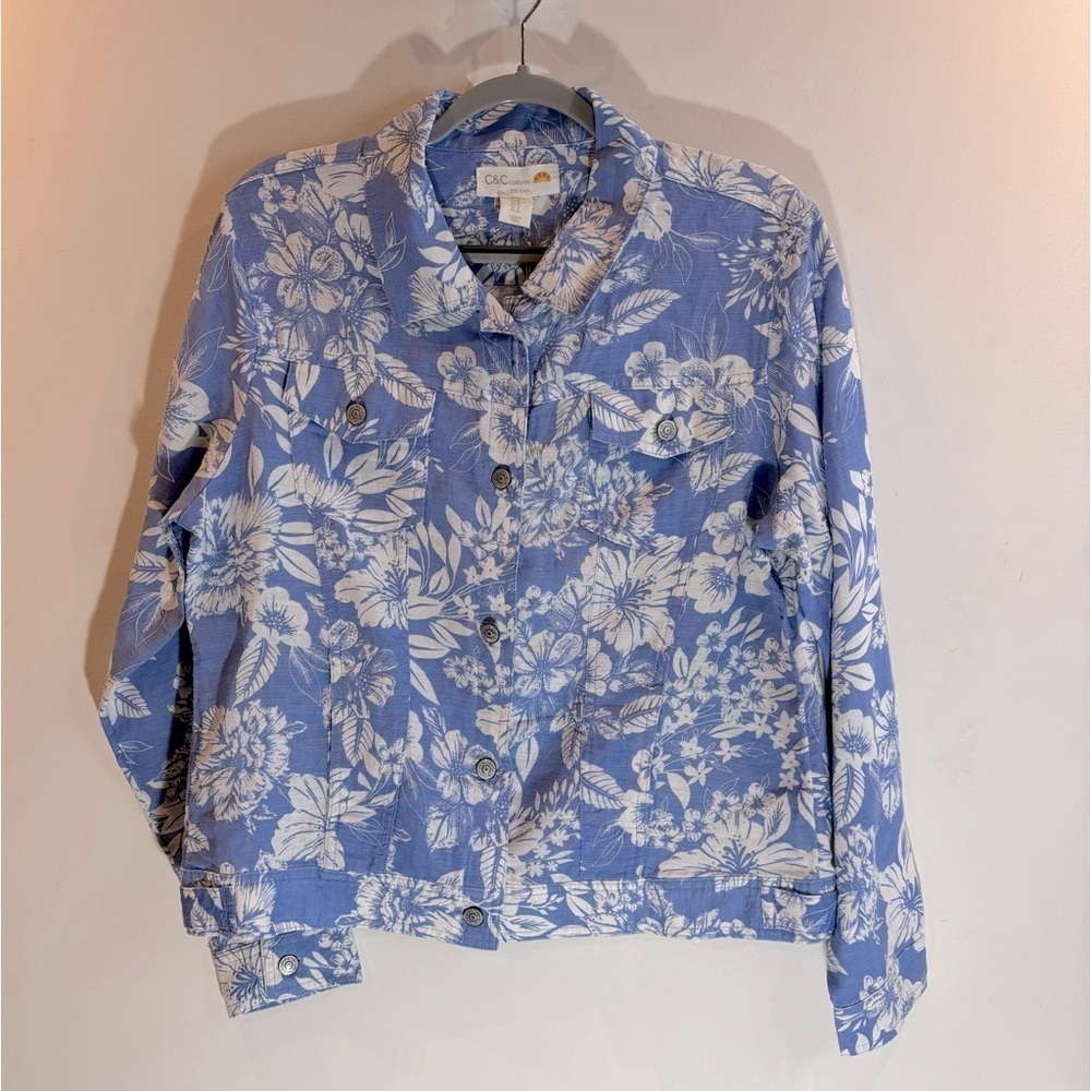 C&C California Sz XL Jacket 100% Linen Trucker Style Floral Unlined Pockets NEW